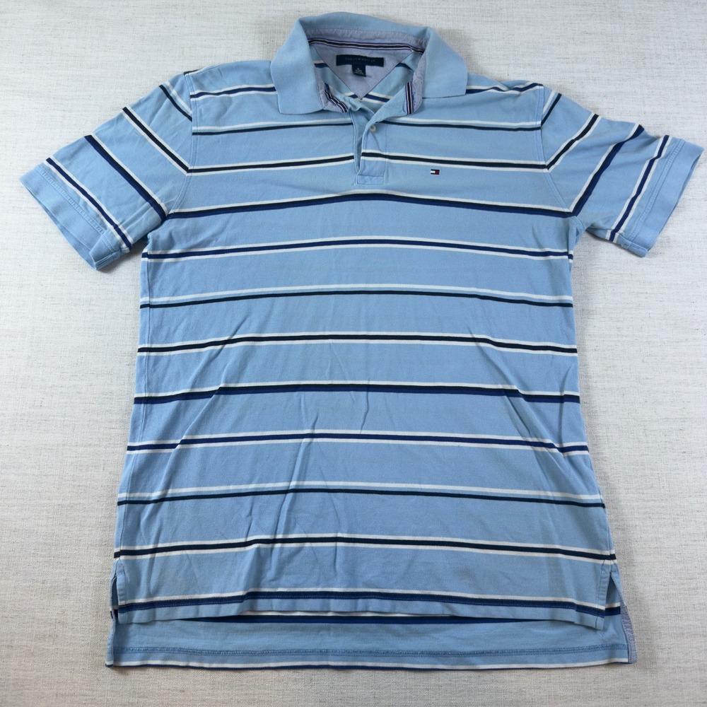 Tommy Hilfiger Mens XL Polo Shirt Light Blue Striped Short Sleeve Pique Cotton